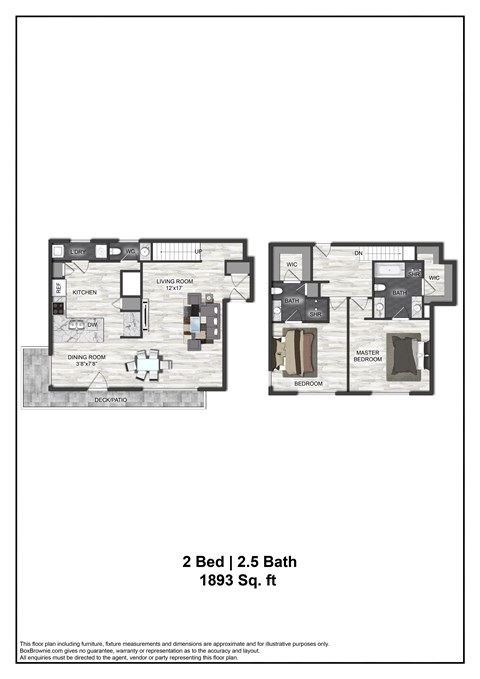 A floor plan for a 2 Bedroom, 2.5 Bath home.